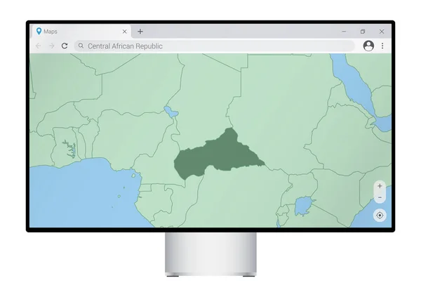 Monitor Computadora Con Mapa República Centroafricana Navegador Busque País República — Archivo Imágenes Vectoriales