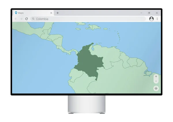 Компьютерный Монитор Картой Колумбии Браузере Поиск Страны Колумбия Веб Картографической — стоковый вектор