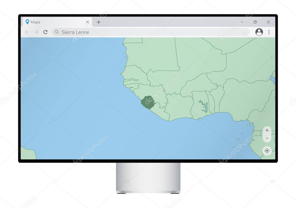 Computer monitor with map of Sierra Leone in browser, search for the country of Sierra Leone on the web mapping program.