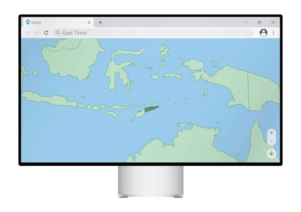 Computer Monitor Met Kaart Van Oost Timor Browser Zoek Het — Stockvector