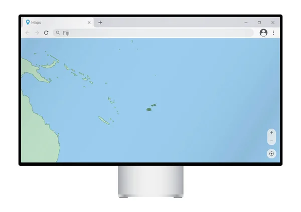Computer Monitor Met Kaart Van Fiji Browser Zoeken Naar Het — Stockvector