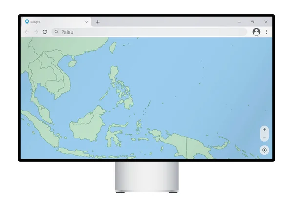 Datorskärm Med Karta Över Palau Webbläsaren Sök Efter Landet Palau — Stock vektor