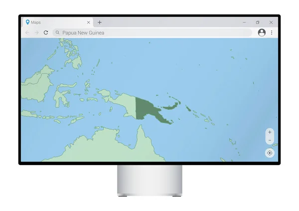 Computer Monitor Met Kaart Van Papoea Nieuw Guinea Browser Zoek — Stockvector