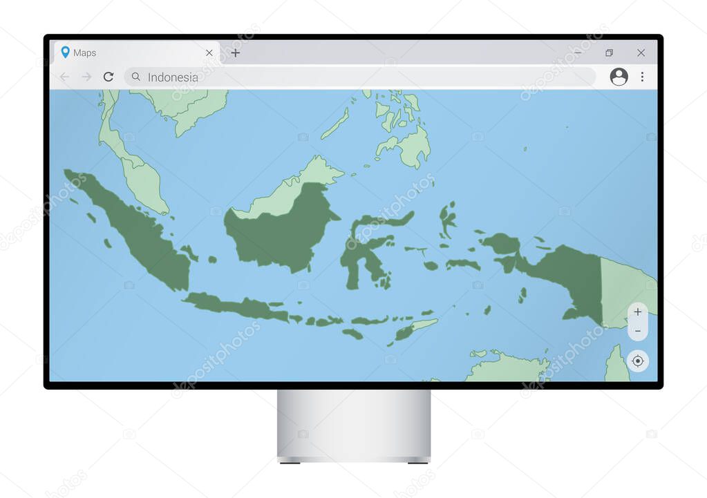 Computer monitor with map of Indonesia in browser, search for the country of Indonesia on the web mapping program.