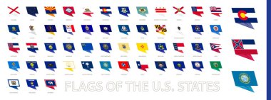 Amerika Birleşik Devletleri bayrakları modern tasarım alfabetik sıraya dizildi, ABD bayrakları. Vektör koleksiyonu.