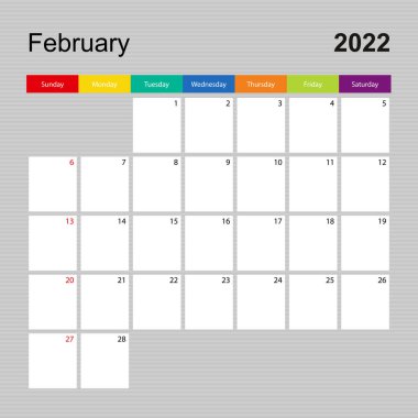 Şubat 2022 için takvim sayfası, renkli tasarımlı duvar planlayıcısı. Hafta pazar günü başlıyor..