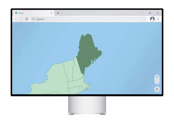 Monitoraggio Computer Con Mappa Del Maine Nel Browser Ricerca Del — Vettoriale Stock