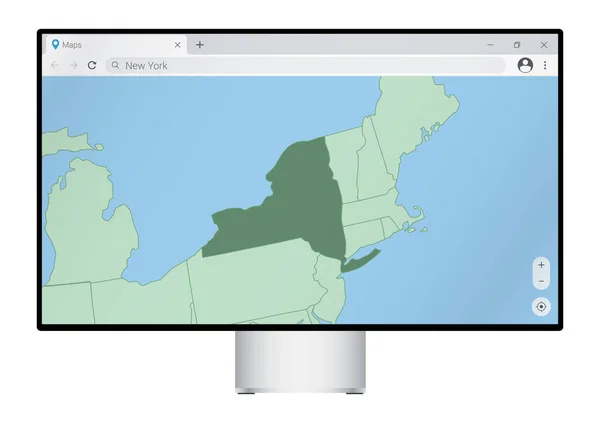 Monitor Computer Con Mappa New York Nel Browser Cerca Paese — Vettoriale Stock