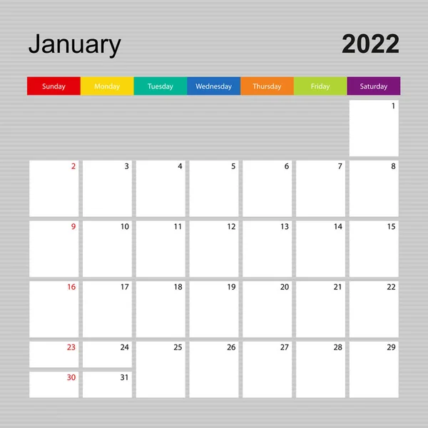 Strona Kalendarza Styczeń 2022 Projektant Ścian Kolorowym Wzorem Tydzień Zaczyna — Wektor stockowy