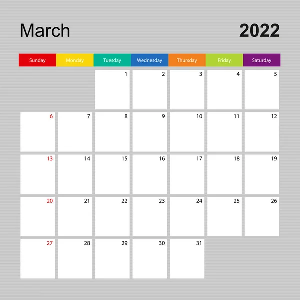 Página Calendario Para Marzo 2022 Planificador Paredes Con Diseño Colorido — Vector de stock