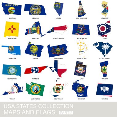 USA state collection, maps and flags clipart