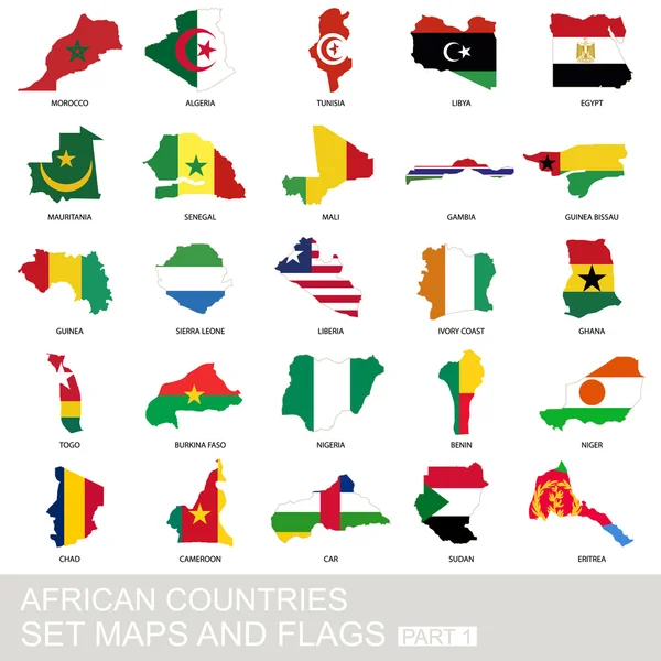 Países africanos conjunto, mapas y banderas — Vector de stock