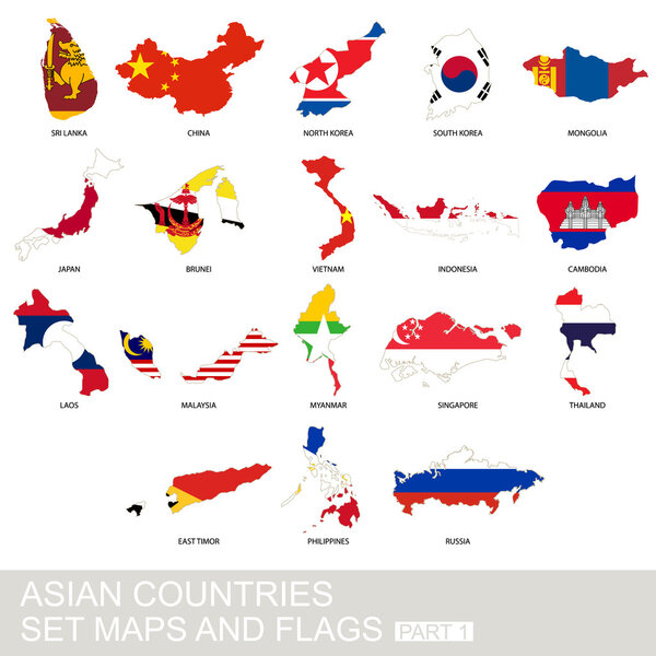 Asian countries set, maps and flags