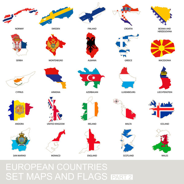 Комплект европейских стран, карты и флаги
