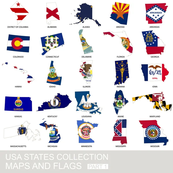 Estados Unidos colección de estado, mapas y banderas — Archivo Imágenes Vectoriales