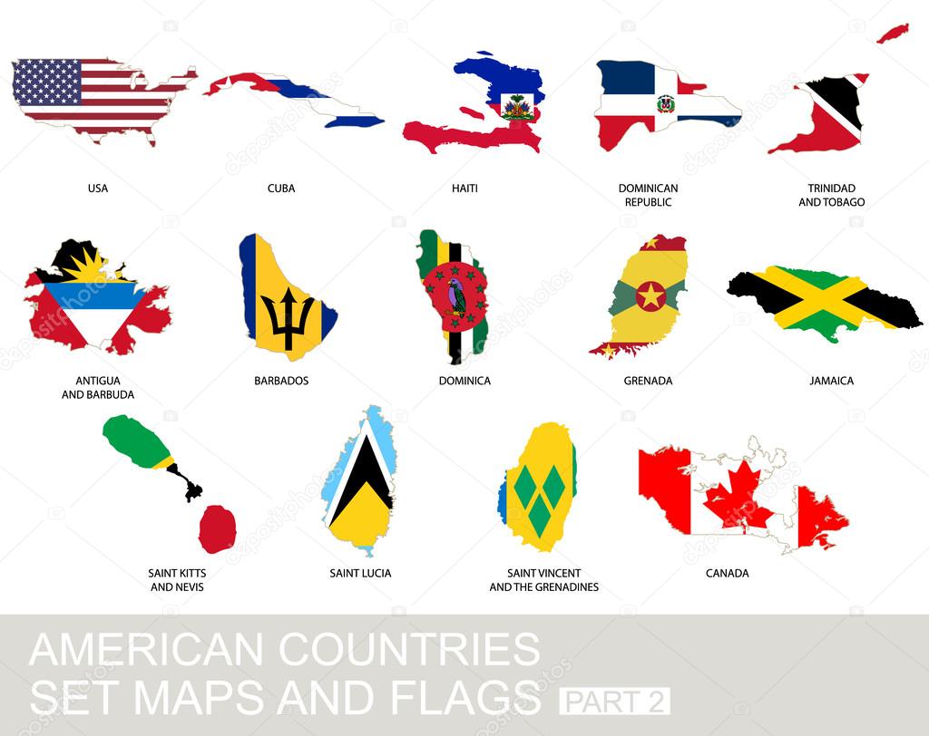 American countries set, maps and flags