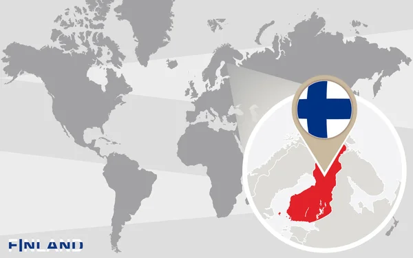 Mappa del mondo con la Finlandia ingrandita — Vettoriale Stock