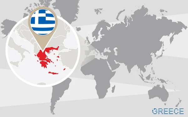 확대 그리스와 세계 지도 — 스톡 벡터