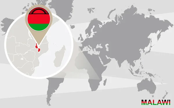 Mapa del mundo con Malawi magnificado — Archivo Imágenes Vectoriales