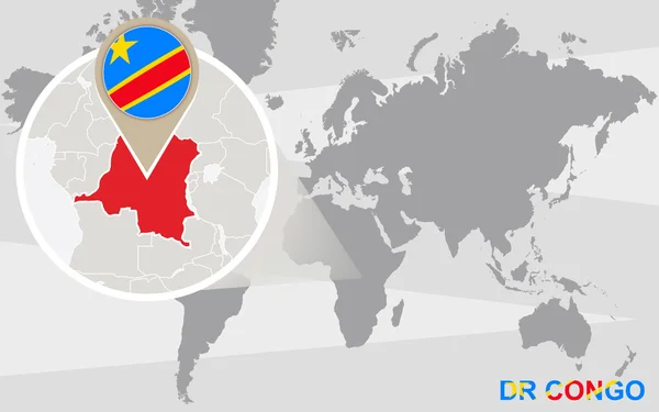 Mapa del mundo con la República Democrática del Congo ampliada — Vector de stock