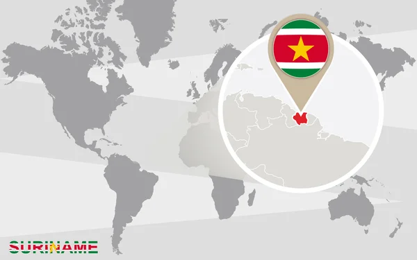 Carte du monde avec Suriname magnifié — Image vectorielle