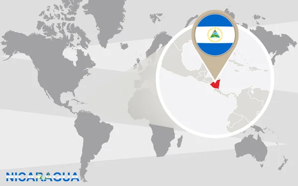 Mapa del mundo con Nicaragua magnificada — Vector de stock