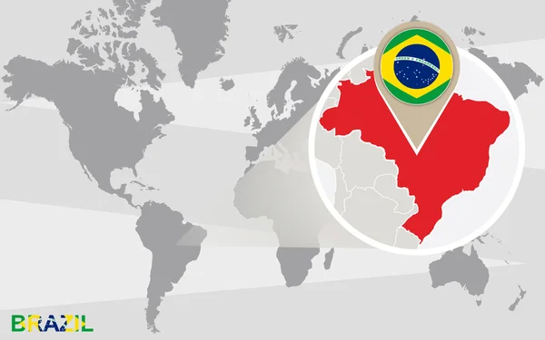 Mappa del mondo con Brasile ingrandito — Vettoriale Stock