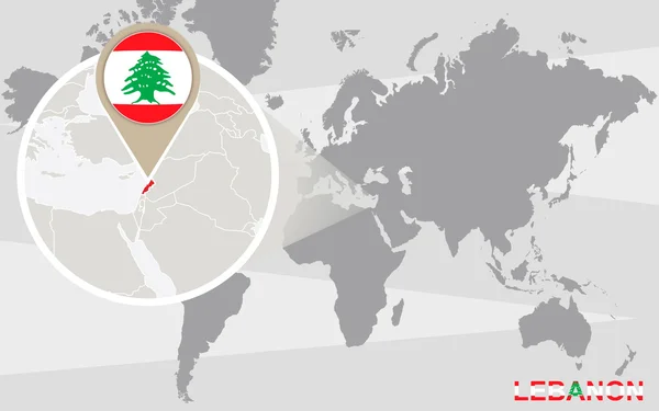 Mapa del mundo con el Líbano magnificado — Vector de stock