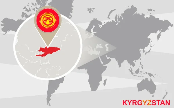 World map with magnified Kyrgyzstan — Stock Vector