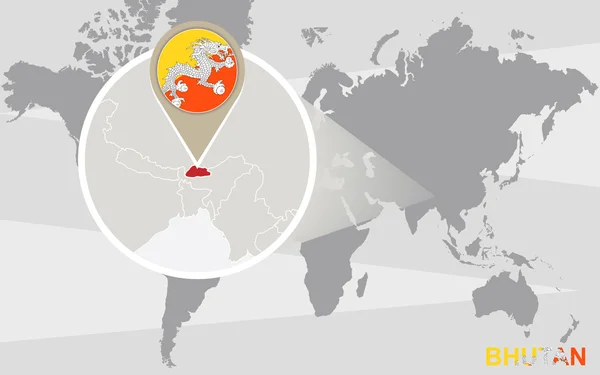 Mapa świata z powiększony Bhutanu — Wektor stockowy