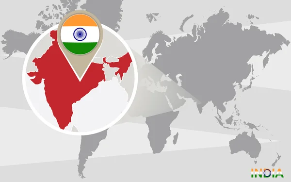 Mapa del mundo con la India magnificada — Vector de stock