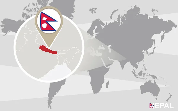 Mapa świata z powiększony Nepal — Wektor stockowy