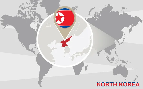 Carte du monde avec Corée du Nord magnifiée — Image vectorielle