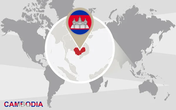 Weltkarte mit vergrößertem Kambodscha — Stockvektor