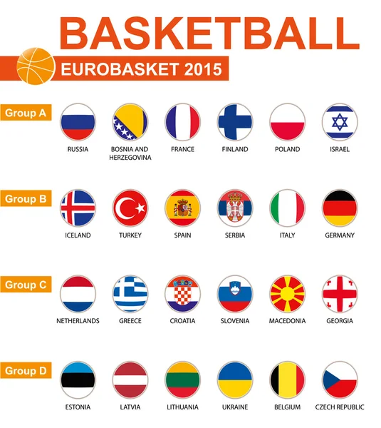 Baloncesto, Eurobasket 2015, Todos los Grupos, Todos los Banderas — Vector de stock