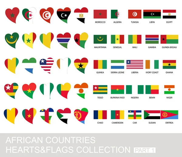 Conjunto de países africanos, corações e bandeiras, parte 1 — Vetor de Stock