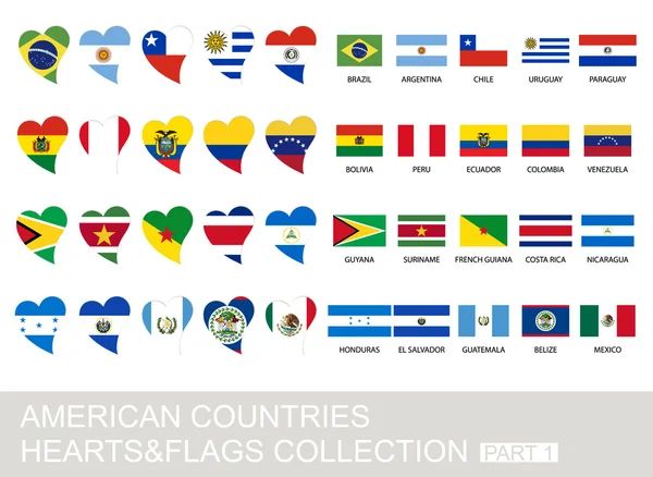 Комплект американских стран, сердца и флаги, часть 1 — стоковый вектор