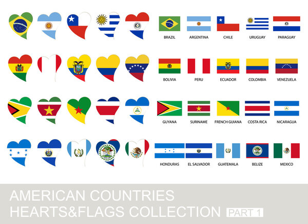 American countries set, hearts and flags, part 1