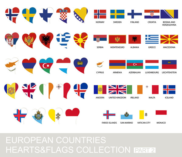 European countries set, hearts and flags, part 2