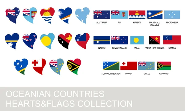 Oceanía países set, corazones y banderas — Vector de stock