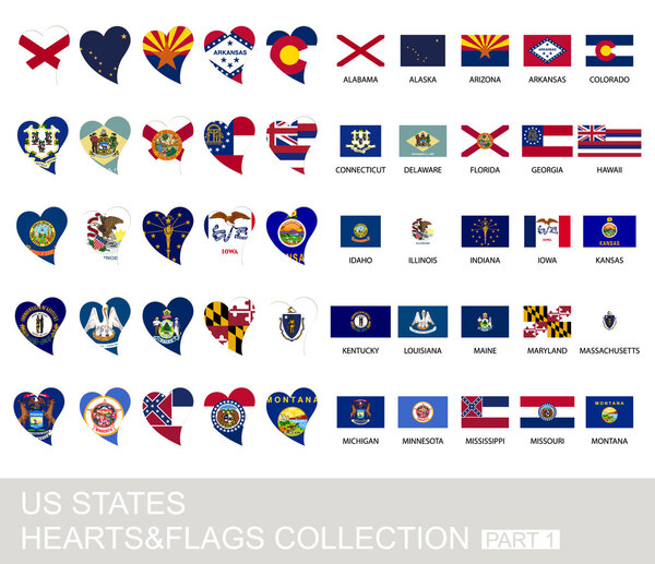 US states set, hearts and flags, part 1