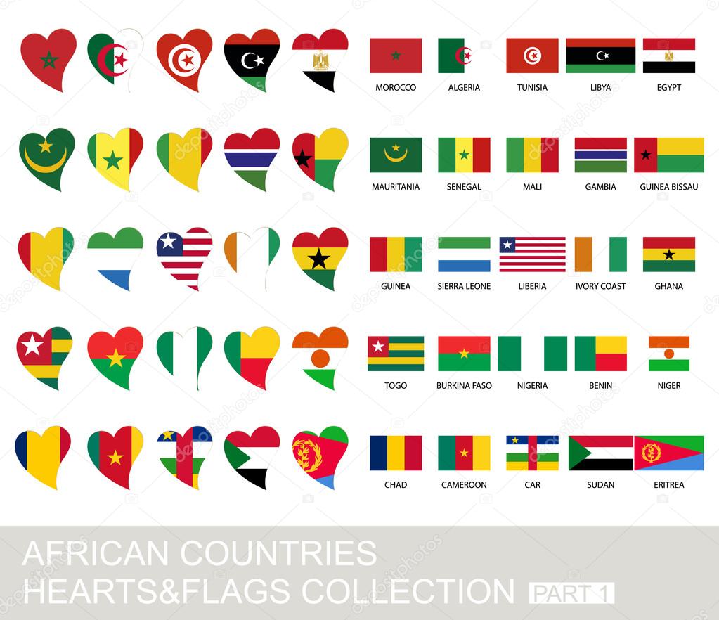 African countries set, hearts and flags, part 1