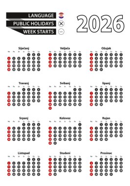 Croatian calendar 2026 with numbers in circles, week starts on Sunday. 2026 with flag of Croatia.
