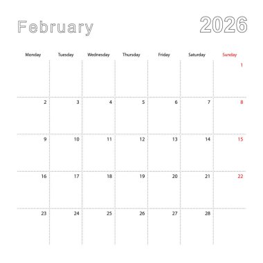 Simple wall calendar for February 2026 with dotted lines. The calendar is in English, week start from Monday.