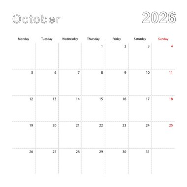 Simple wall calendar for October 2026 with dotted lines. The calendar is in English, week start from Monday.