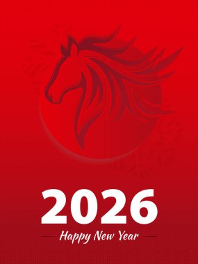 Happy New Year 2026 Poster. Featuring a stylized horse head on a rich red background, this graphic is perfect for greeting cards, posters, and social media.