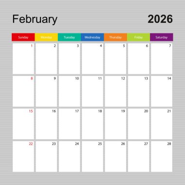 Şubat 2026 için takvim sayfası, renkli tasarımlı duvar planlayıcısı. Hafta pazar günü başlıyor..