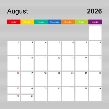 Ağustos 2026 için takvim sayfası, renkli tasarımlı duvar planlayıcısı. Hafta pazar günü başlıyor..