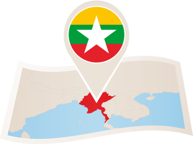 Myanmar 'ın katlanmış kağıt haritasında Myanmar' ın bayrak iğnesi var..