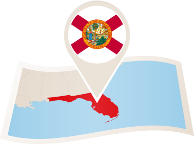 Florida 'nın katlanmış kağıt haritasında Florida bayrak iğnesi var..